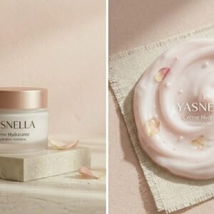 Pot en verre givré de crème hydratante soyeuse . Yasnella, posé sur un socle en pierre texturée géométrique devant un fond vieux rose poudré, entouré de feuilles vertes et de pétales de rose sous une douce lumière.