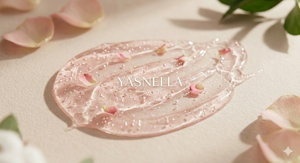 Gros plan macro sur la texture gel-huile rosée et irisée d'un soin visage Yasnella, parsemée de micro-perles d'actifs dorées et de fragments de pétales de rose.