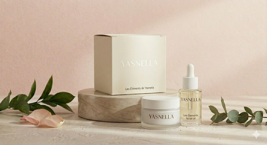 Coffret prestige Yasnella comprenant une crème visage en pot givré et une huile en flacon verre, posés sur un socle en marbre beige géométrique devant sa boîte minimaliste.